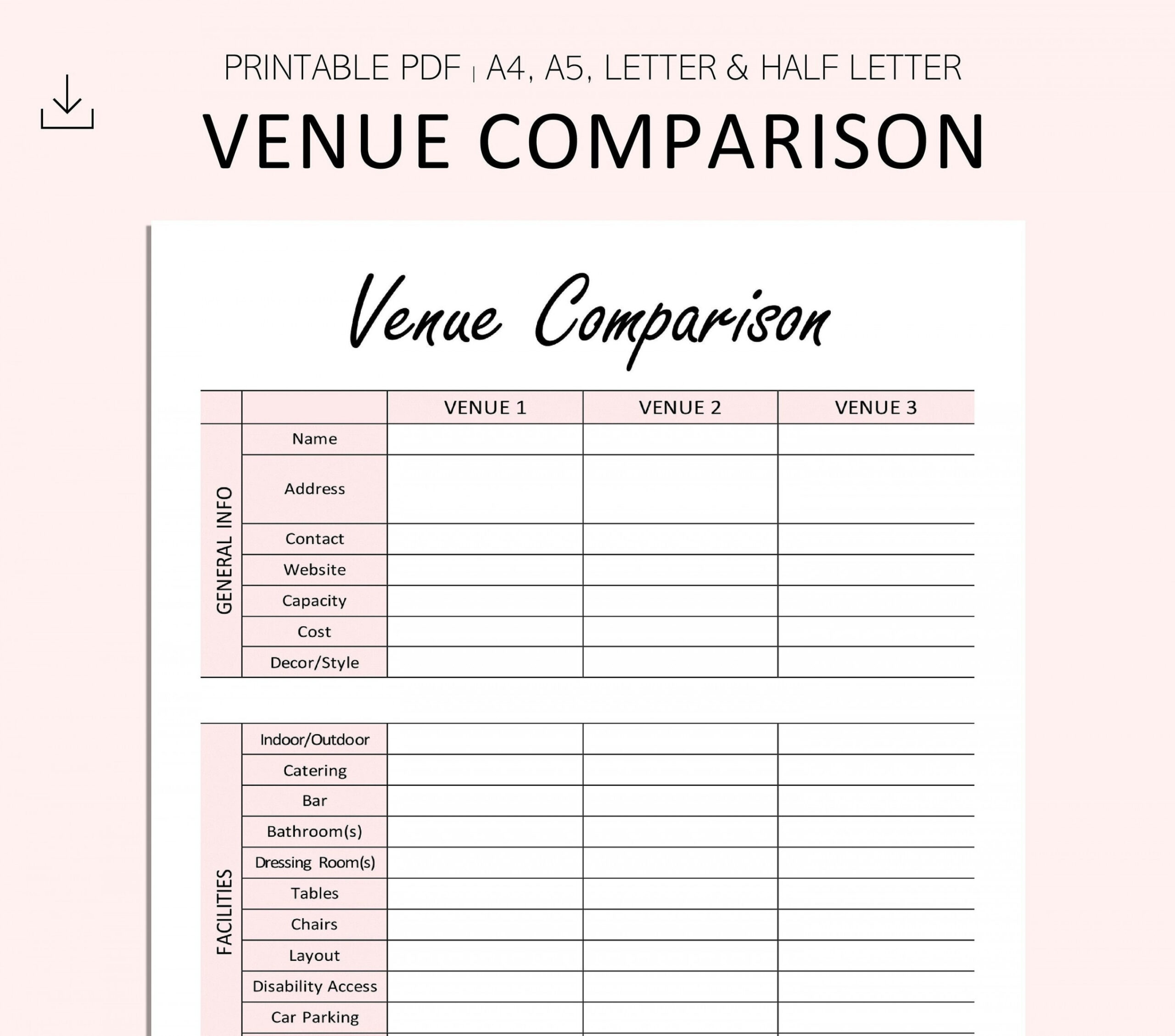 Venue Comparison Printable Event Planning Venue Details Venue