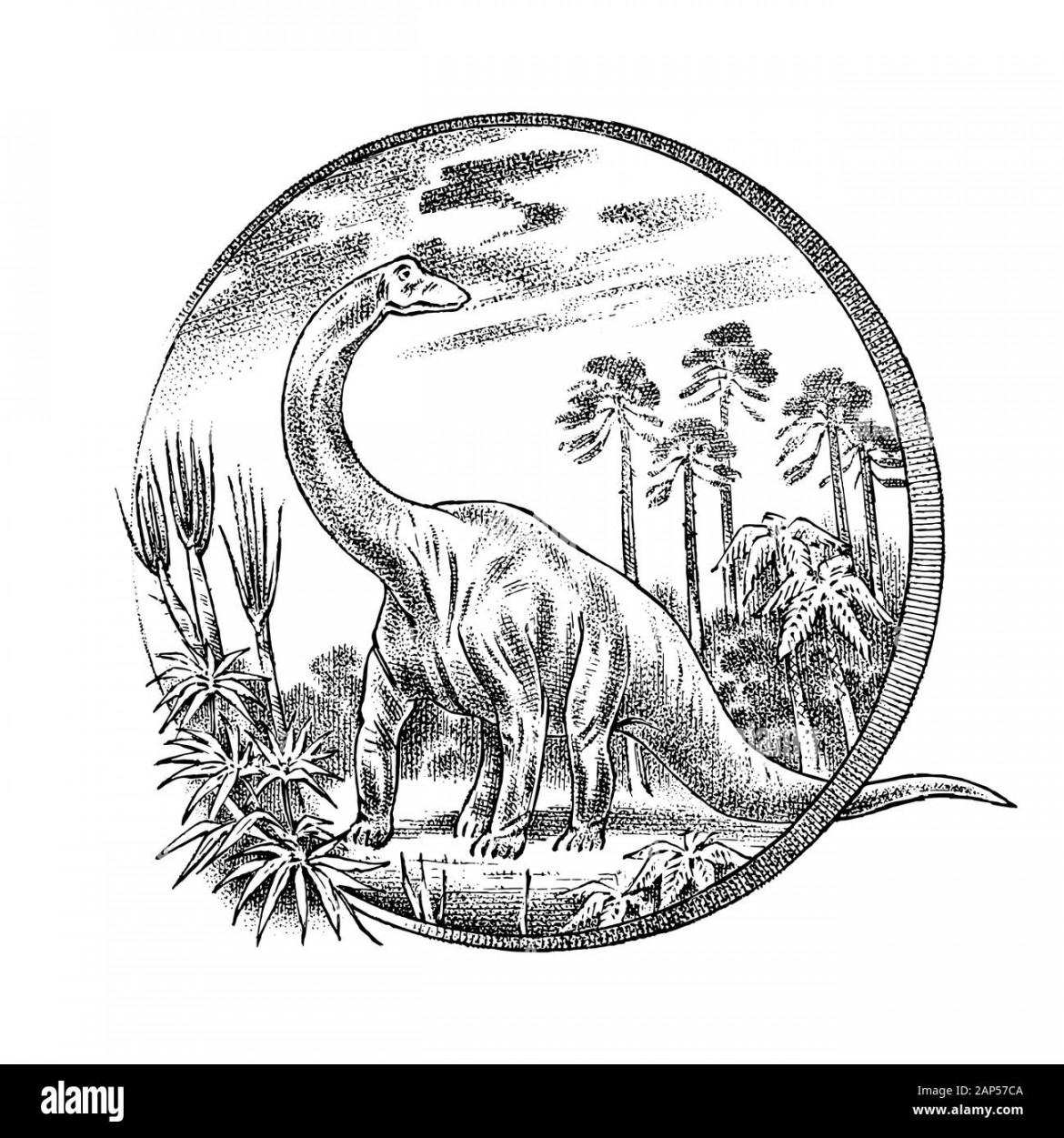 Vintage landscape with a dinosaur in the rainforest