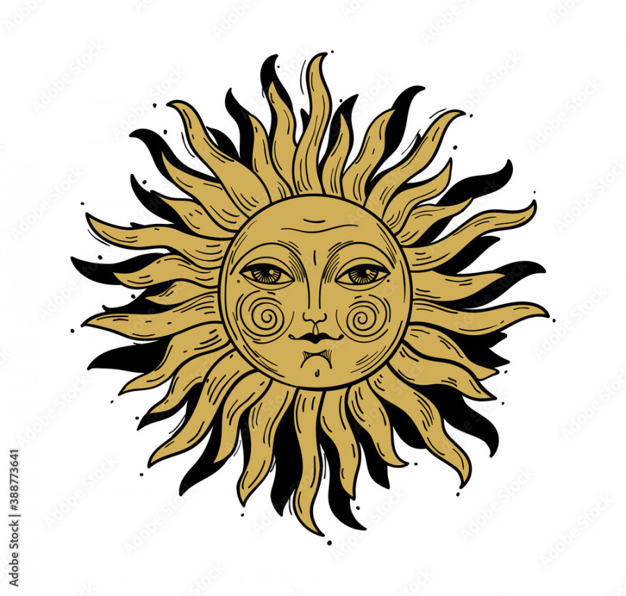 Vintage style illustration, sun with a face, stylized drawing