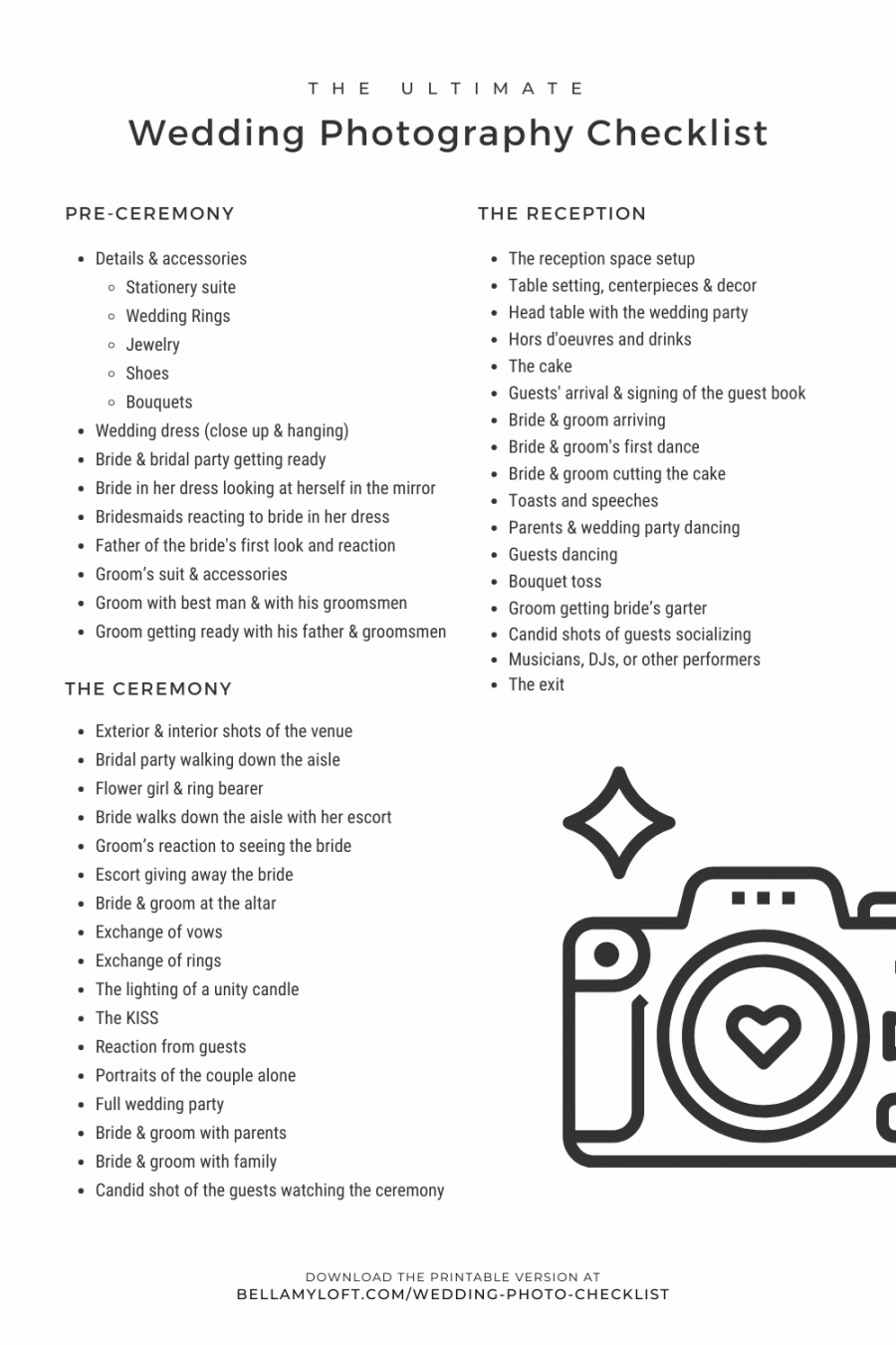 Wedding Photography Checklist • BELLAMY LOFT