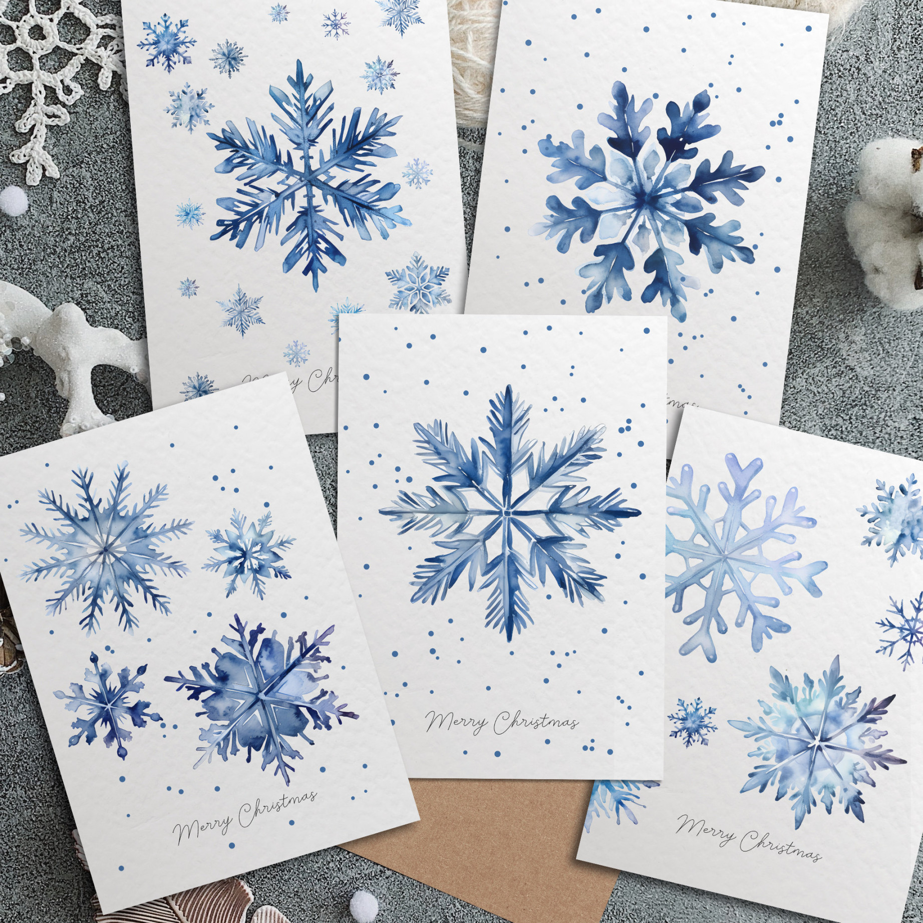 x Christmas Watercolour Cards, Snowflake Winter Holidays Card Set