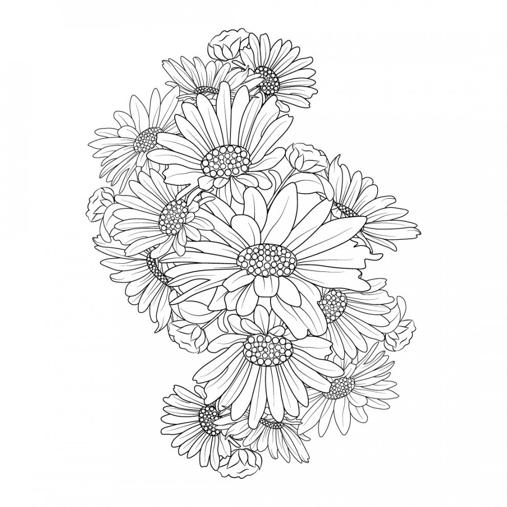 zentangle tattoo design with daisy flowers, relaxation flower coloring  pages for adults,