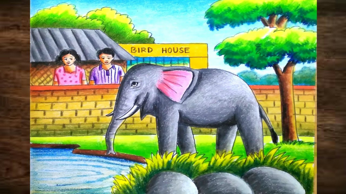 Zoo scenery drawing easy for beginners/Elephant scenery drawing/Zoo drawing  easy