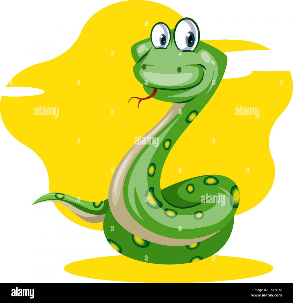 A Green snake with yellow dots in yellow background with big eyes