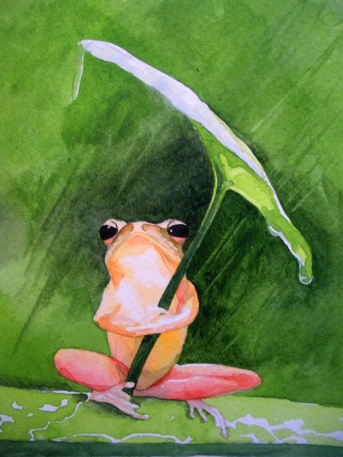 A little watercolor of a frog holding a leaf umbrella during a