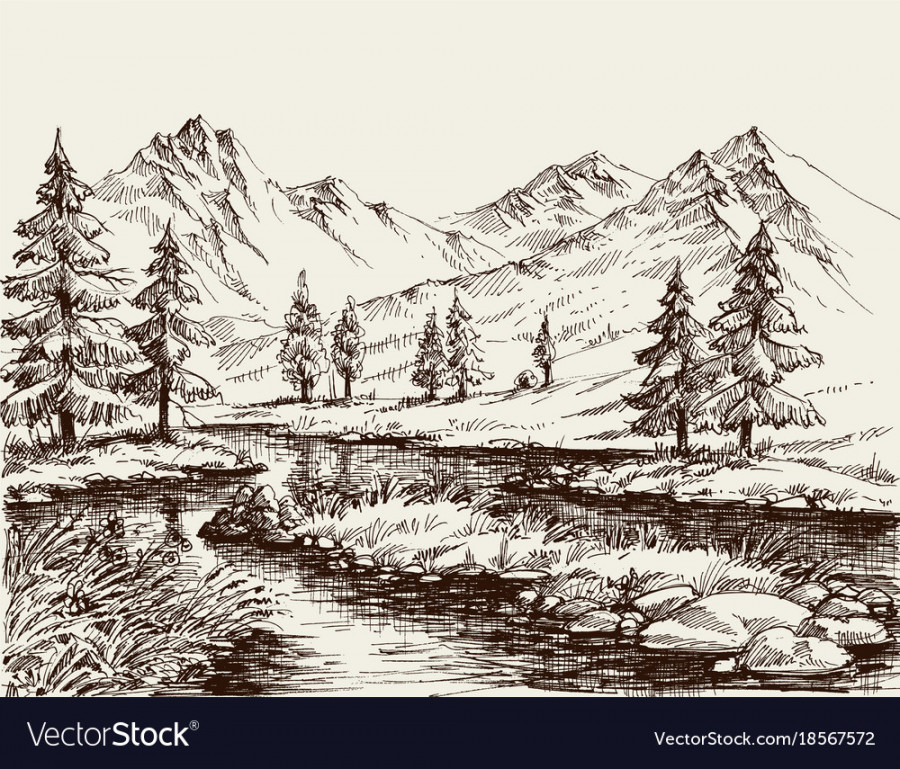 A river in the mountains sketch Royalty Free Vector Image