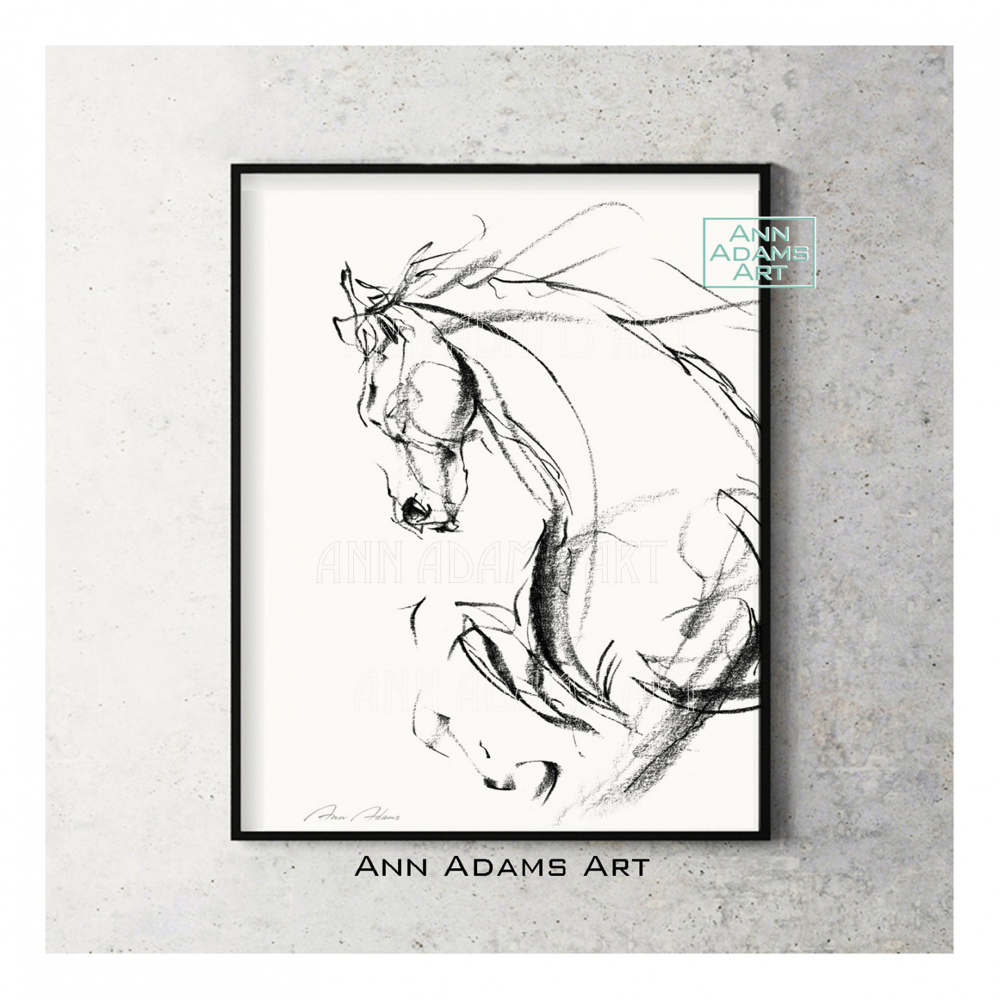 Abstract print Horse sketch black and white minimalist horse art print from  original Charcoal abstract painting / drawing by Ann Adams, HL