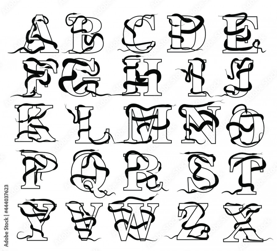 alphabet letters shapes with snake around letters Stock