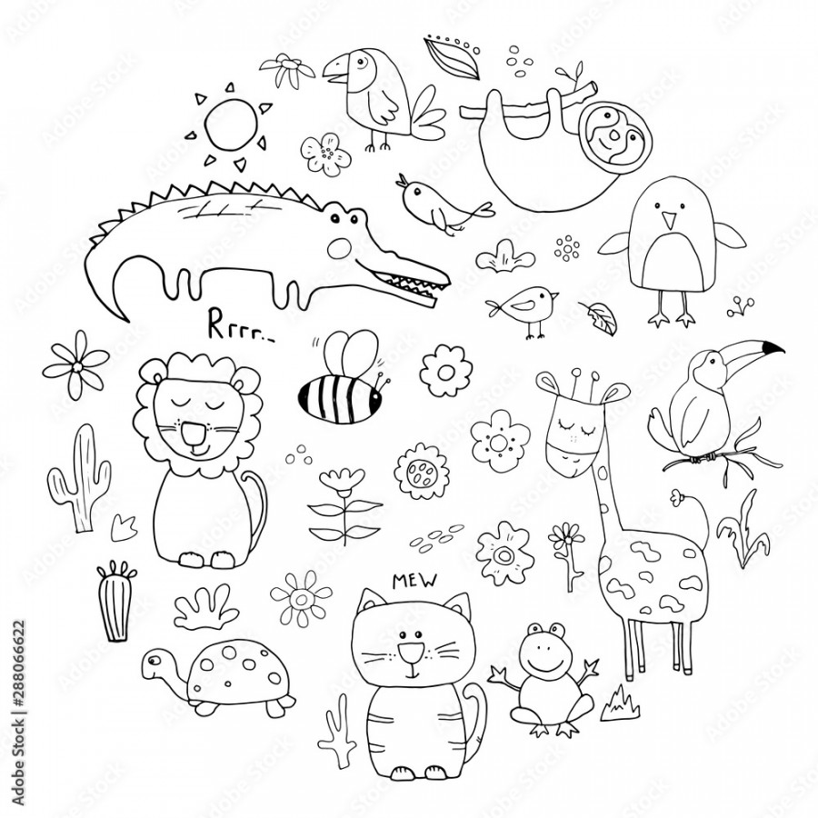 Animal Doodles Set. Cute Animals sketch