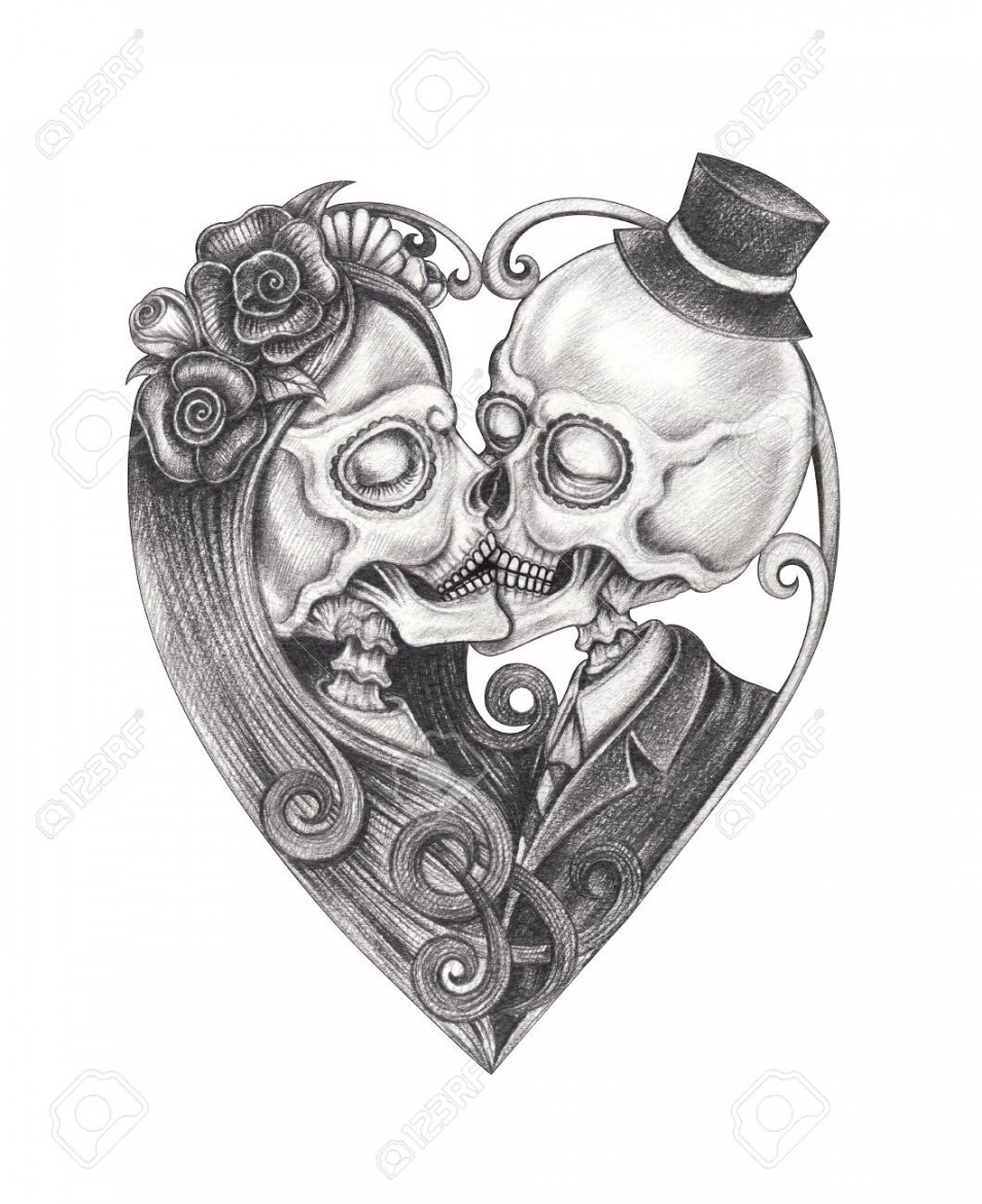 Art Couple Kiss Skulls.Hand Drawing On Paper