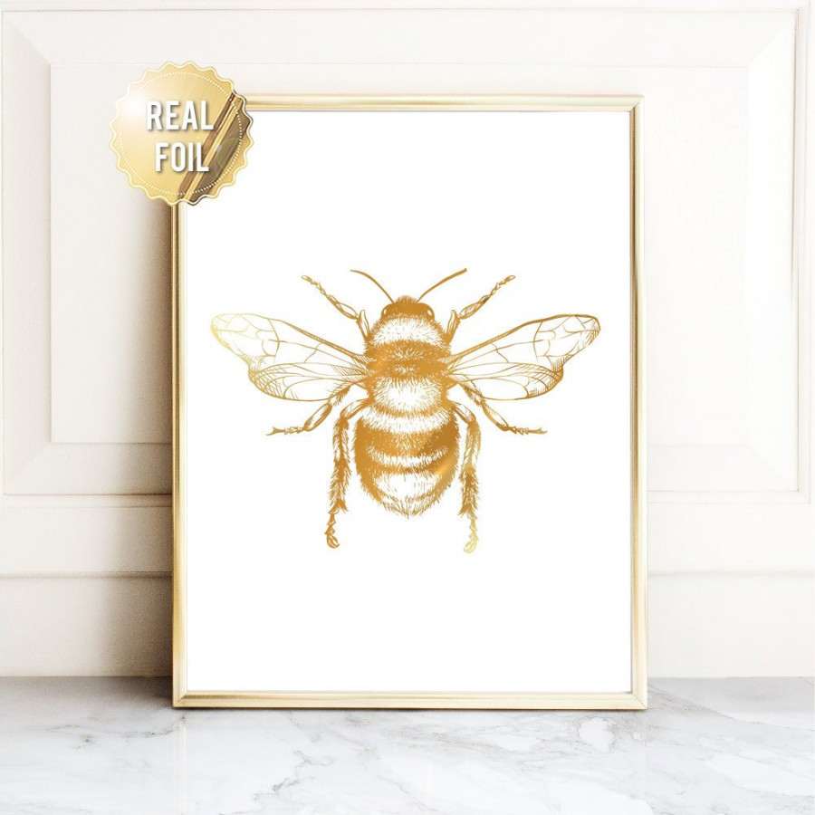 Bee Wall Art Print Bumble Bee Poster Gold Bee Print Real Gold Foil