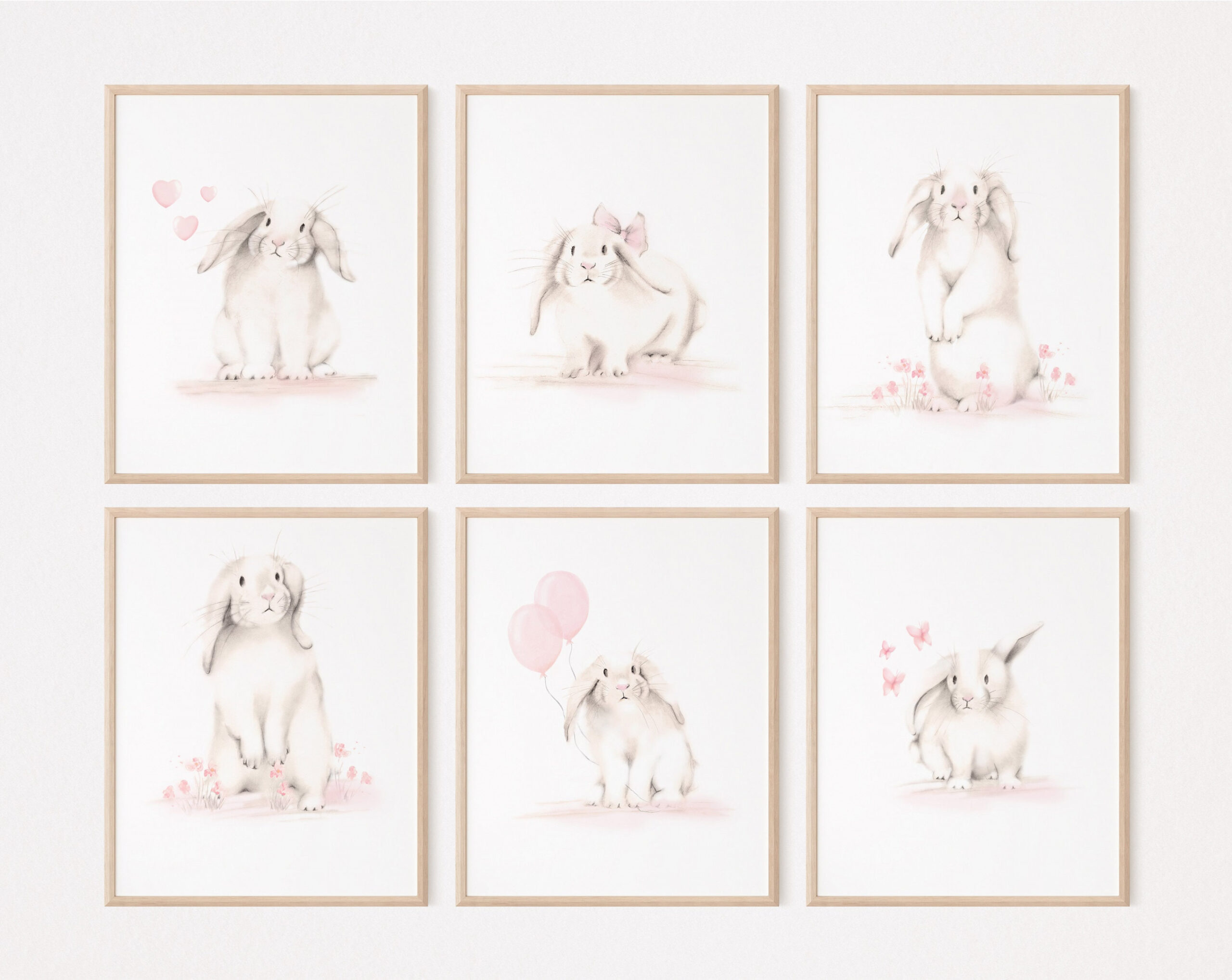Blush Bunny Nursery Art Prints, Set of  Bunnies, Baby Girl Wall