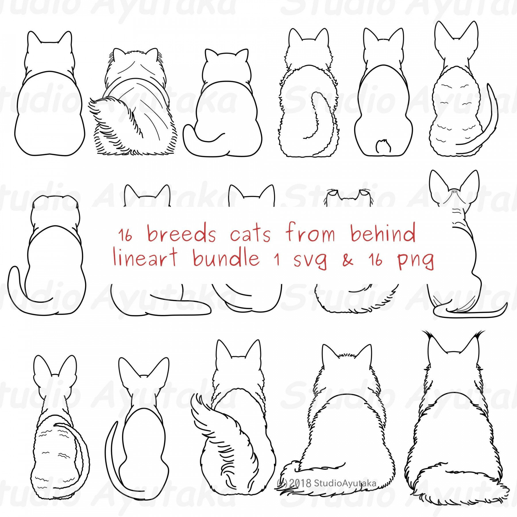 Breeds Cats Sitting From Behind Lineart, Svg, Png - Etsy  Cat