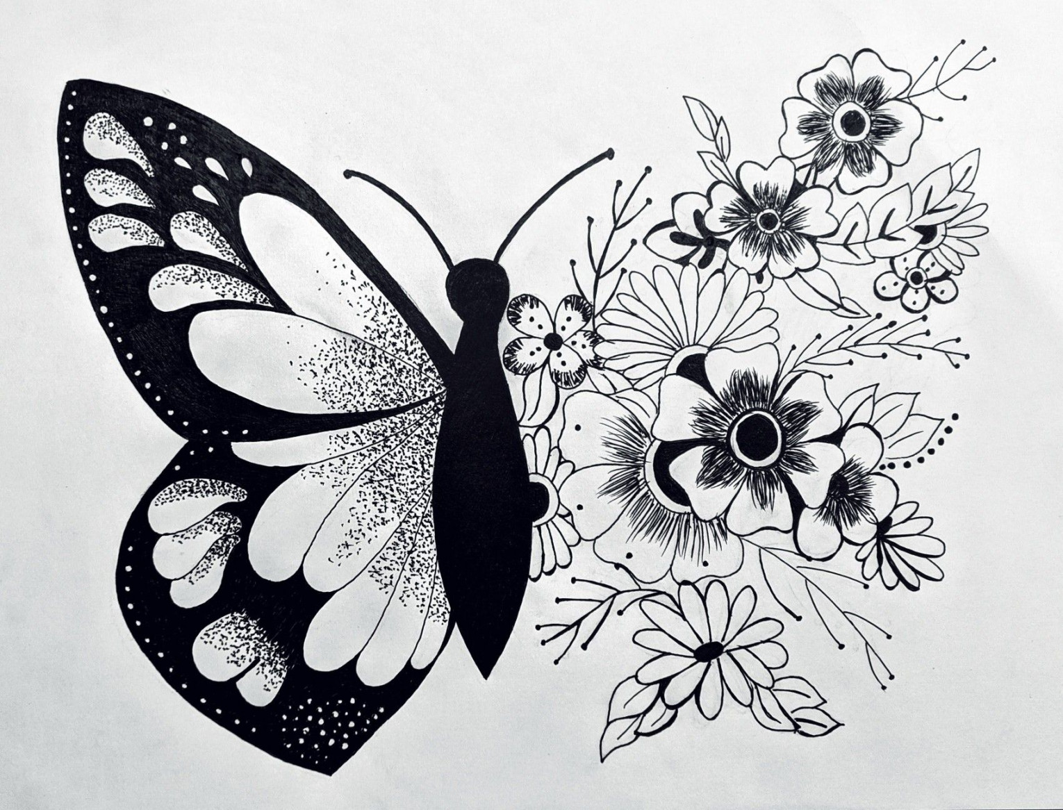 butterfly and flowers  Butterfly drawing, Flower drawing