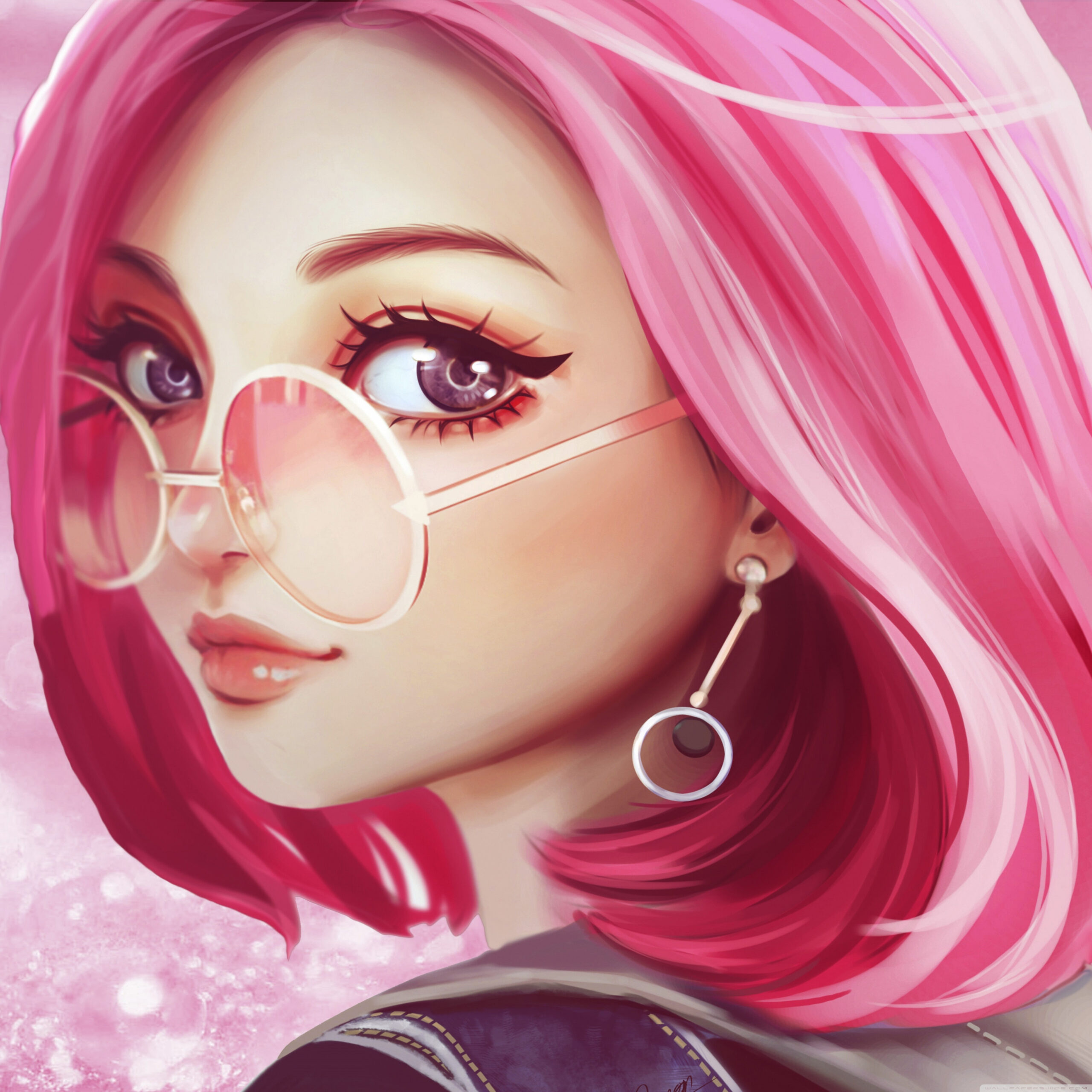 Cute Girl Pink Hair Sunglasses Digital Art Drawing Ultra HD