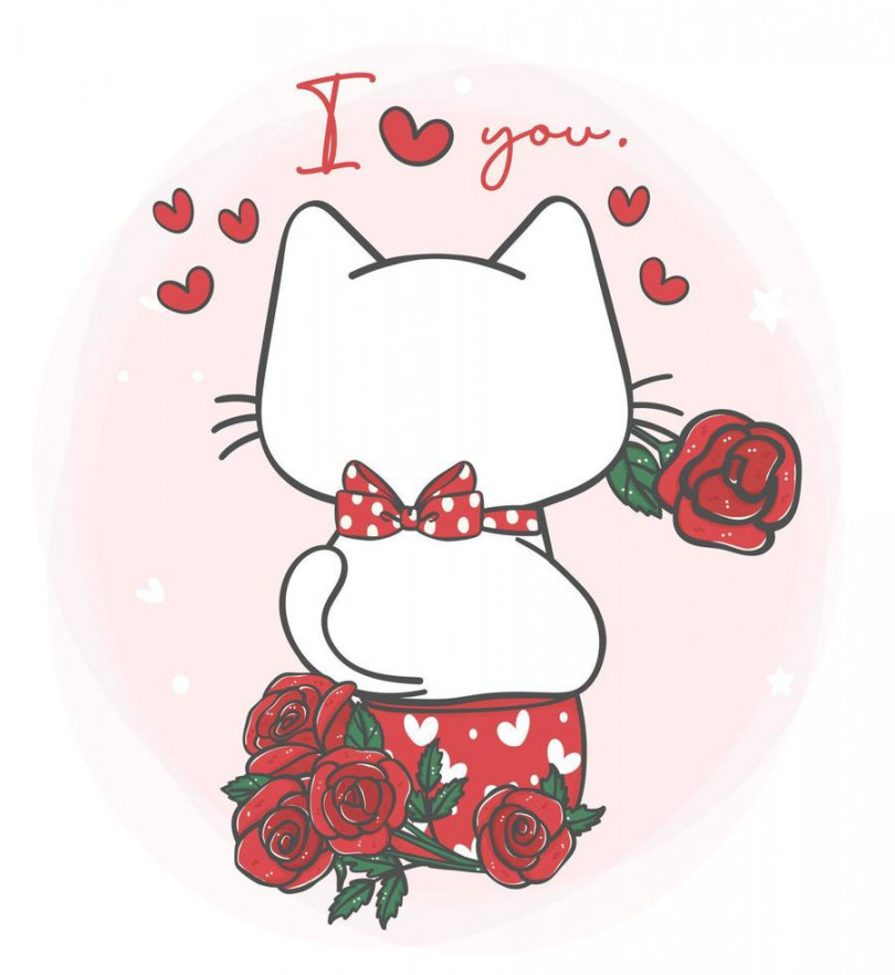 cute kawaii shy white cat sitting on red roses flowers mug, for