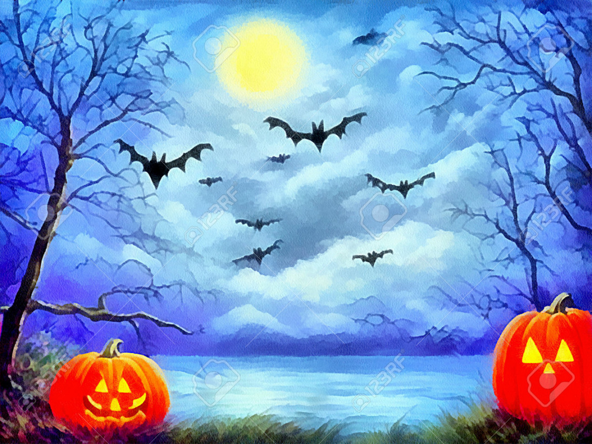 Digital Drawing Of Haloween Nature Background With Orange Pumpkin