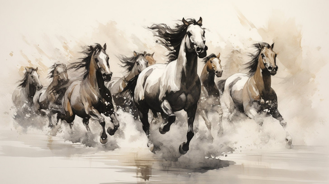 Digital Feng Shui Art of Eight Running Horses, HD PNG, Instant