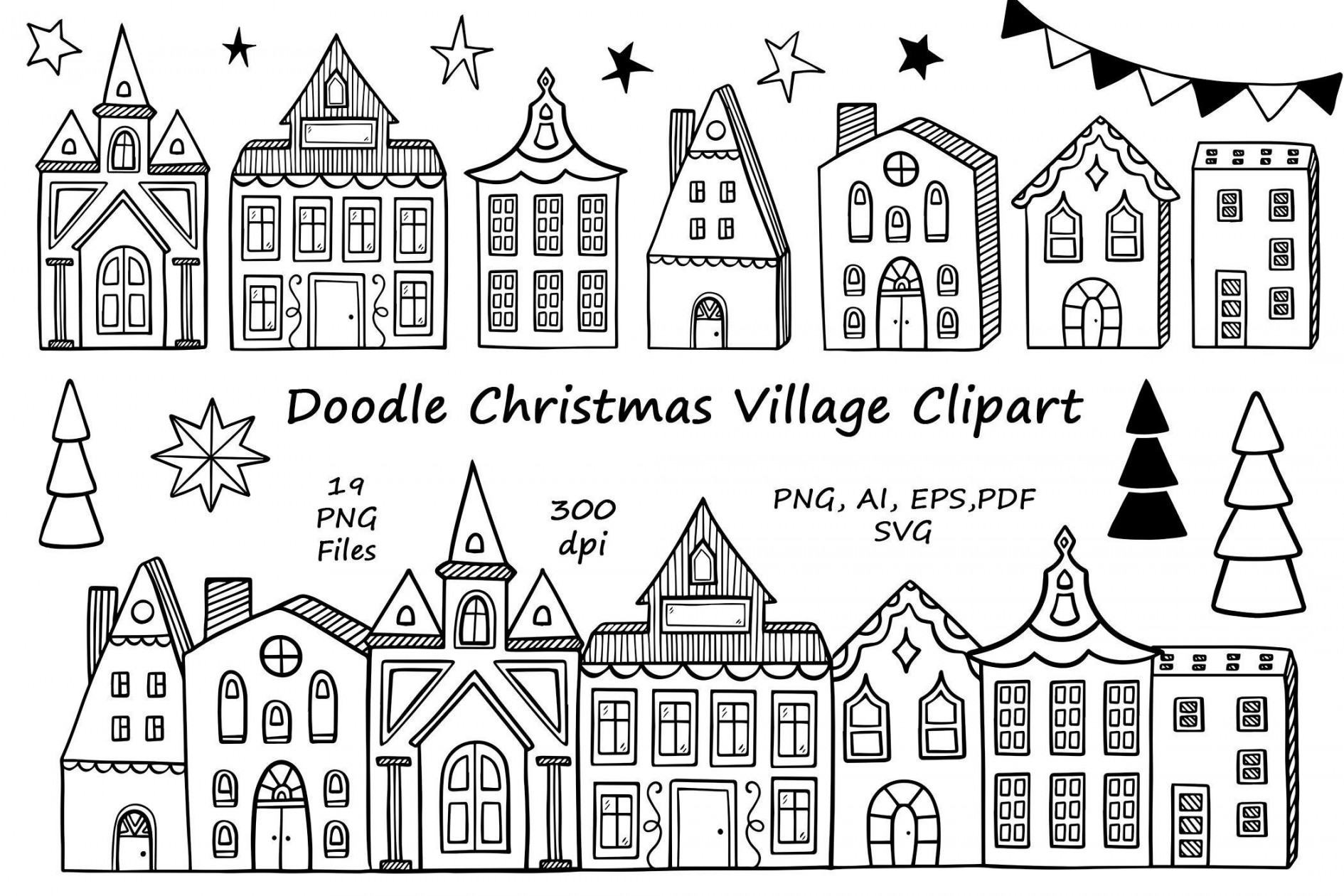 Doodle Christmas Village Clipart, Houses SVG, Christmas House, PNG