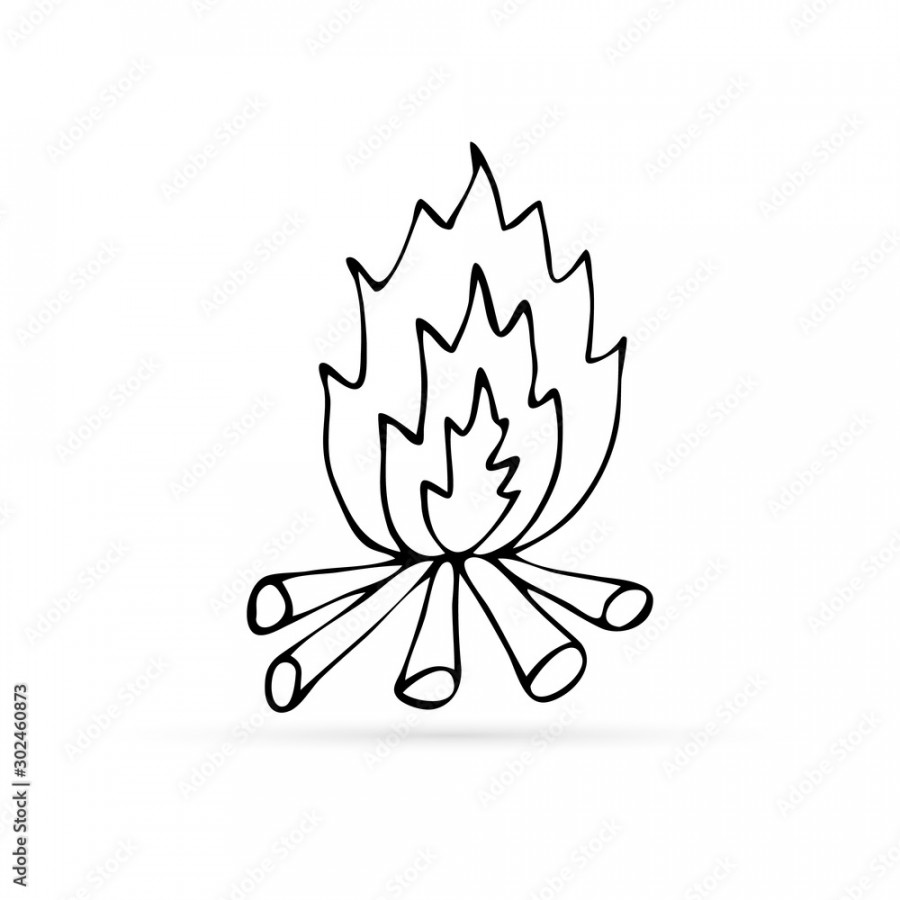 doodle fire icon, kids hand drawing bonfire, art line vector