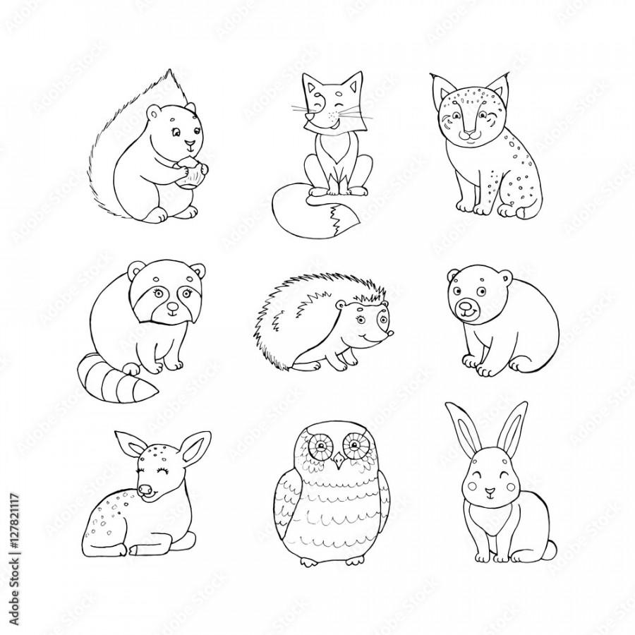 Doodle set of cute animals with squirrel, fox, lynx, raccoon