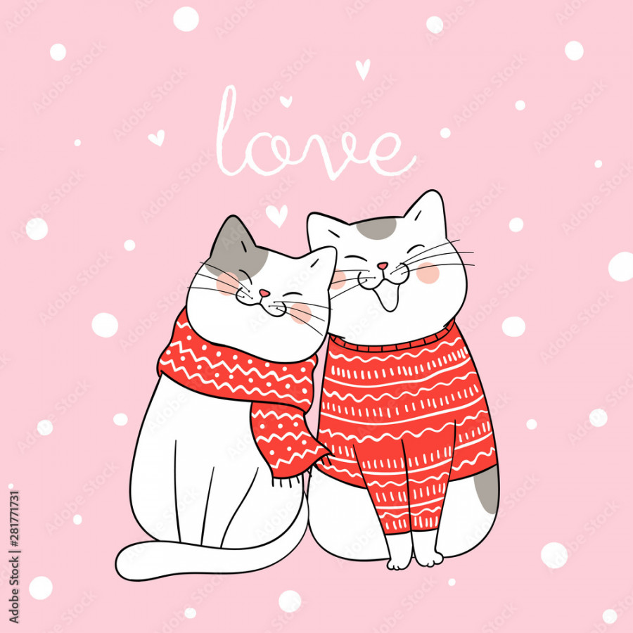 Draw couple love of cat sitting in snow for Christmas day