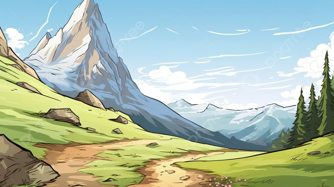Drawing Of A Mountain Trail With A Grassy Area Background