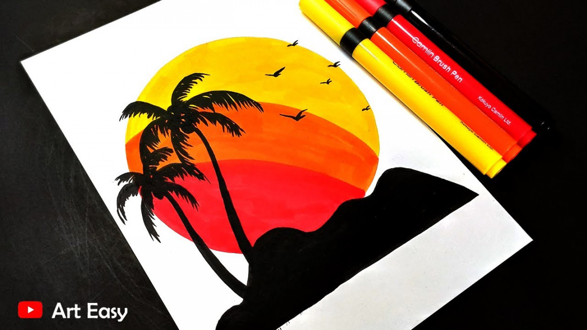 Easiest sunset drawing with brush pen  Step by step