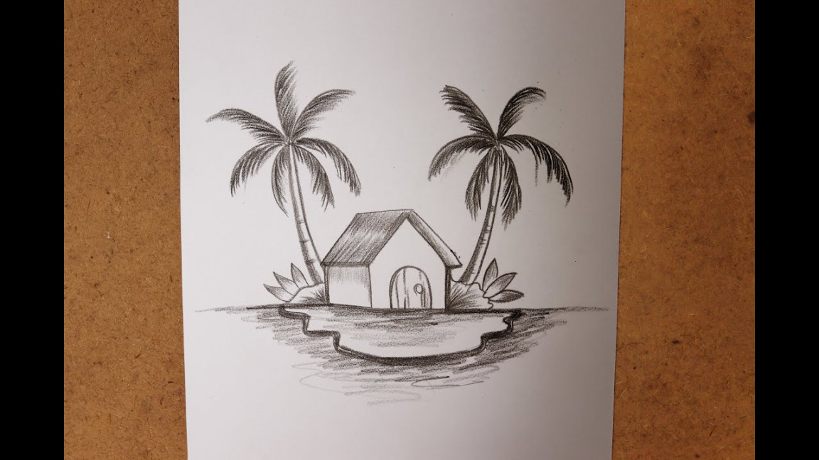 easy drawing a house with coconut tree step by step  How to draw a house  with coconut tree