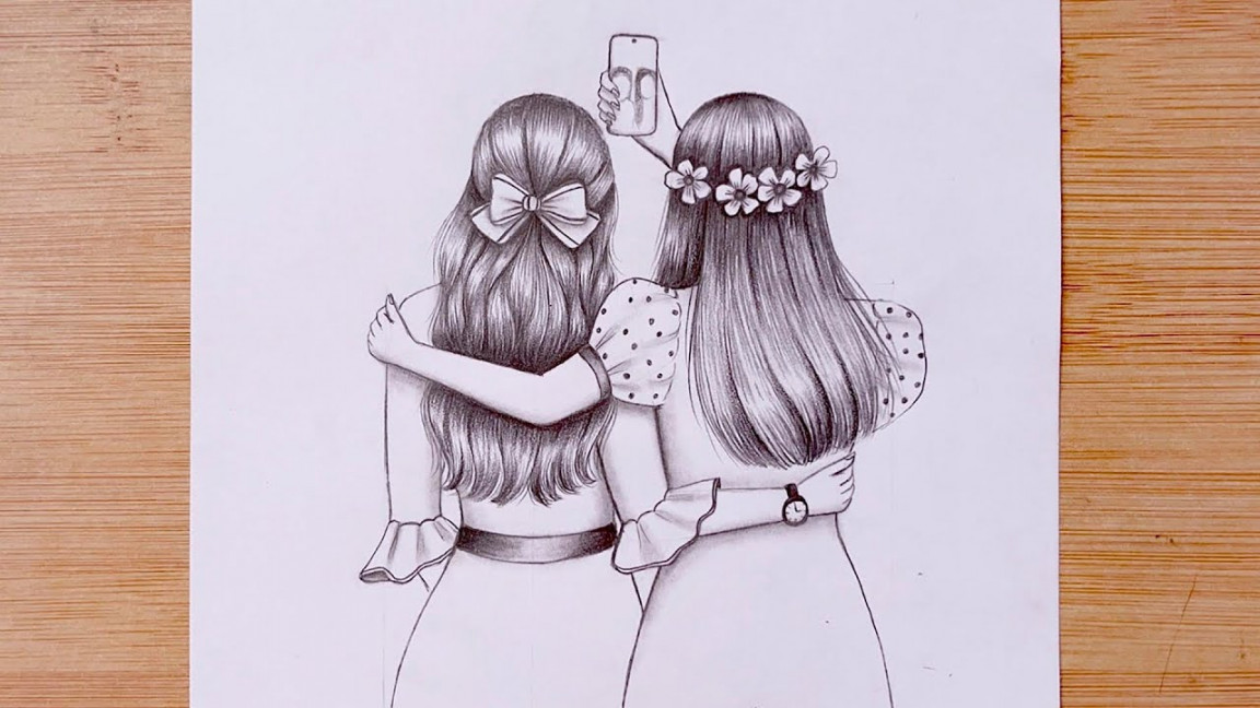 Easy Drawing - Two friends are taking a selfie  Best friends  BFF   besties -Pencil sketch