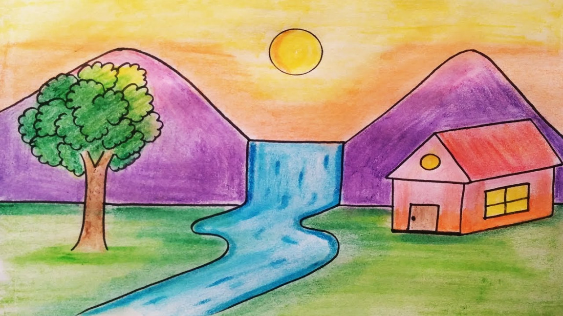 Easy landscape drawing for kids and beginnersLearn house and nature simple  painting