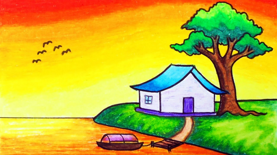 Easy Sunset Scenery Drawing for Beginners  How to Draw Simple Scenery of  Lakeside House