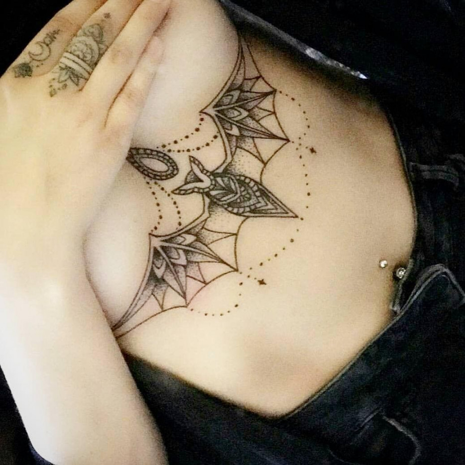 Elegant Gothic Bat Underboob Tattoo