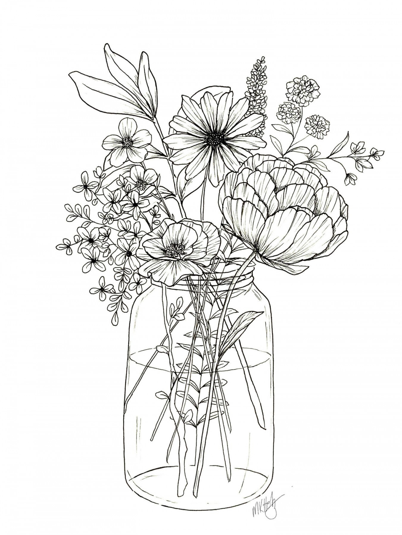 Floral Arrangement Coloring Page  Flower art drawing, Flower line