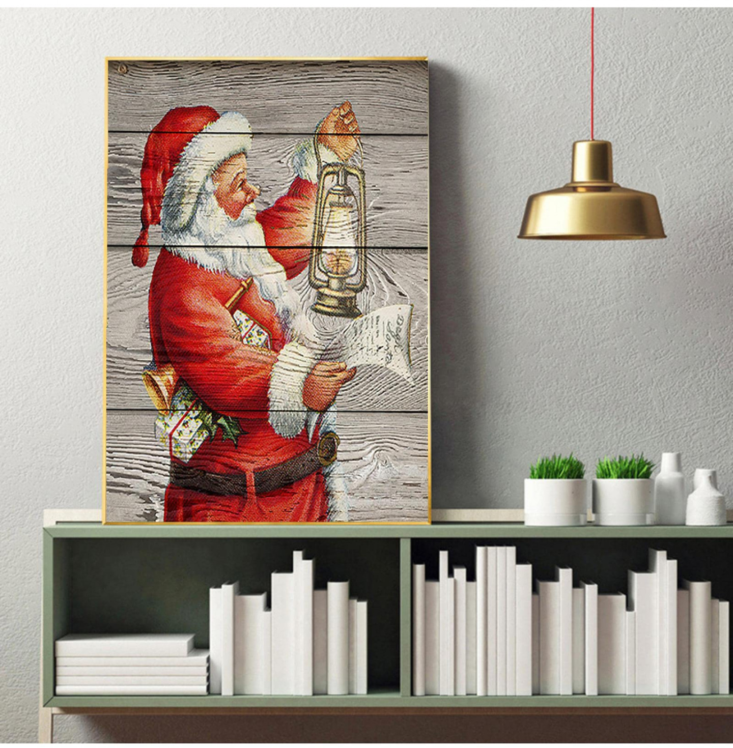 Framed Vintage Santa Lantern Canvas Painting Christmas Poster Wall