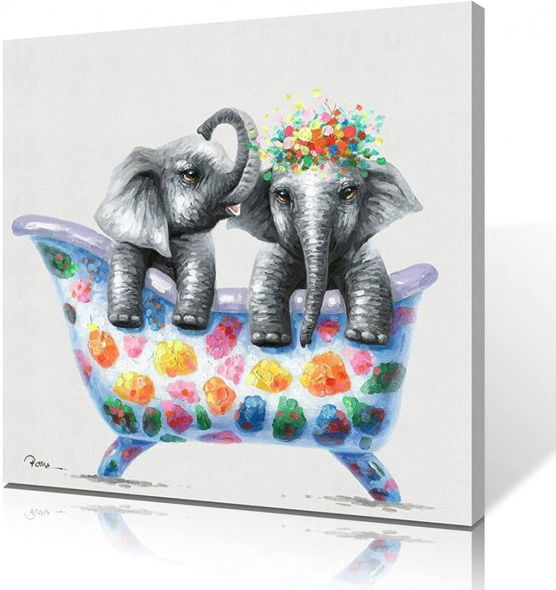 Funny Elephant on Canvas Wall Picture, Two Small Elephants in Colourful  Bathtub, Picture Print, Decorative Wall Picture for Bathroom, Framed ( x