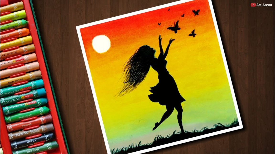 Girl with Butterfly scenery drawing for beginners with Oil Pastels - step  by step