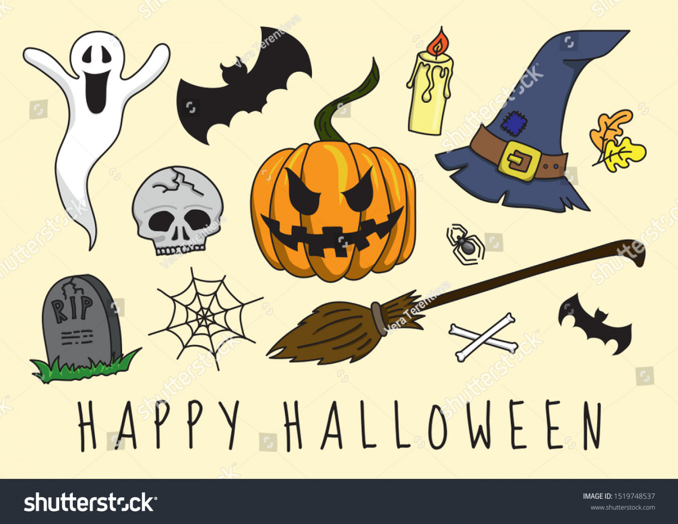 Halloween Drawing Color Set Character Objects Stock Vector