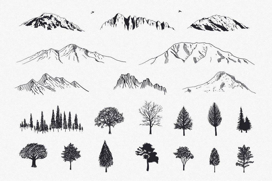 Hand-Drawn Mountains and Trees  Mountain drawing, How to draw