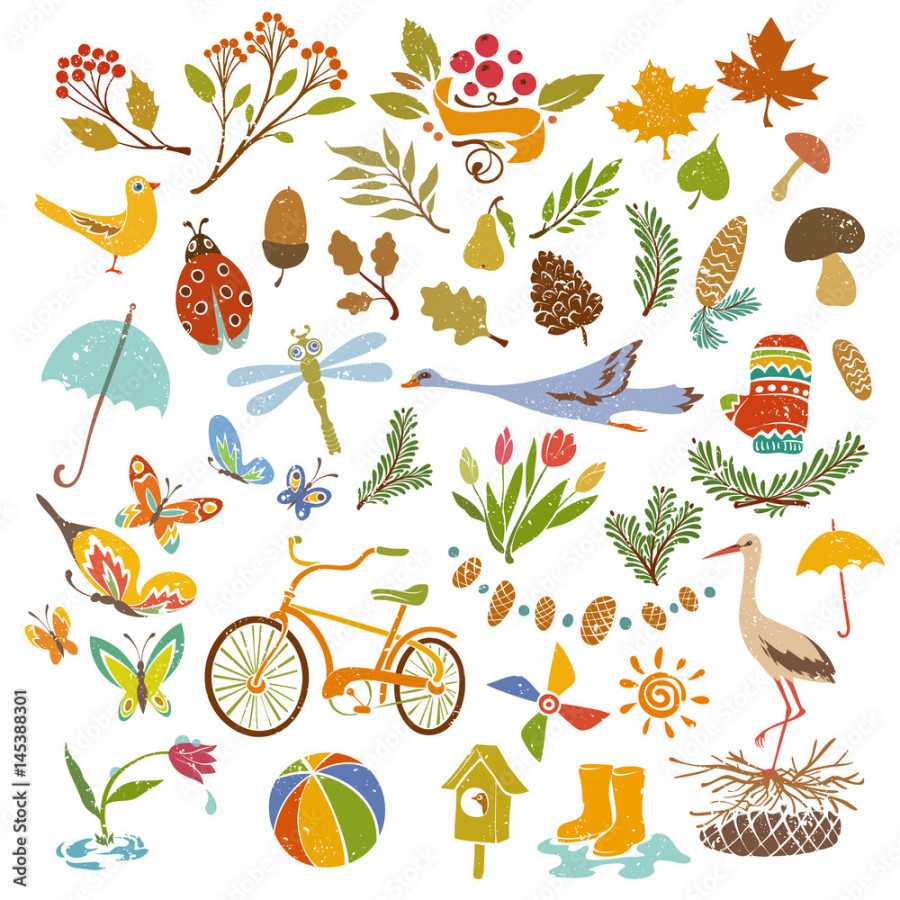 Hand drawn Set of Cute Drawings on Nature and Seasons Stock Vector