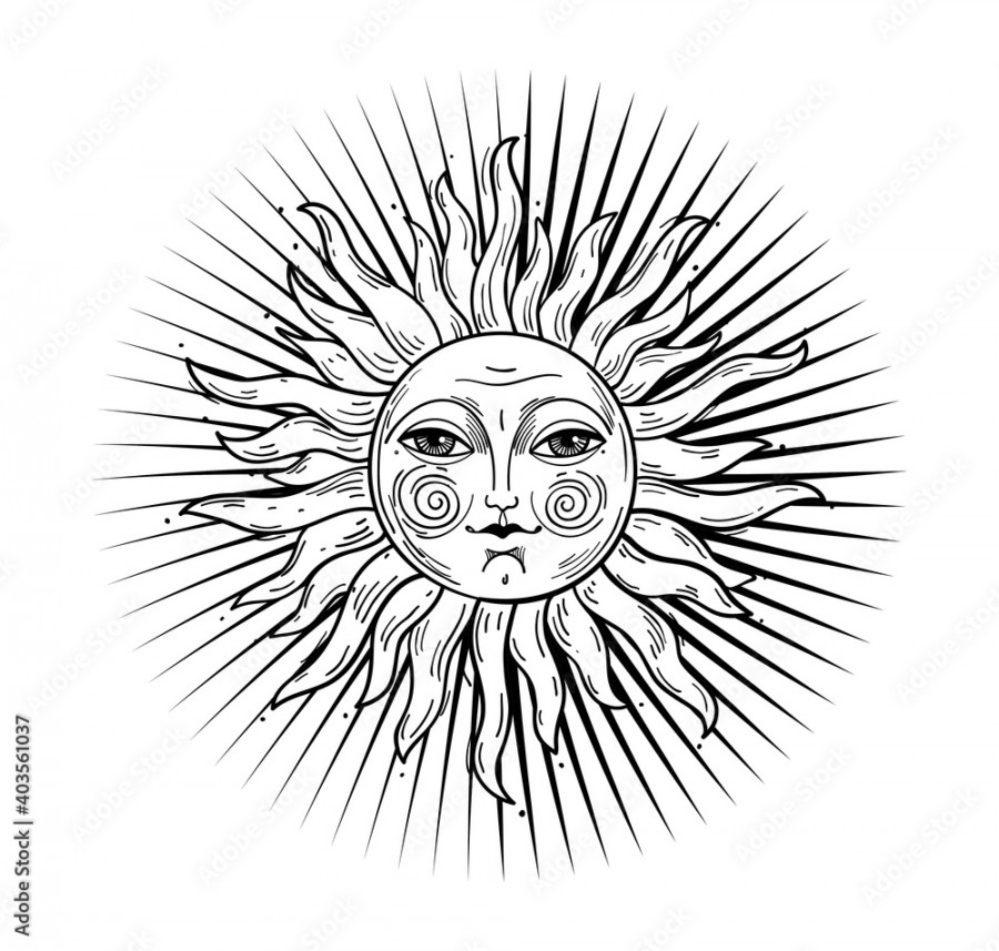 Heaven illustration, stylized vintage design, sun with face