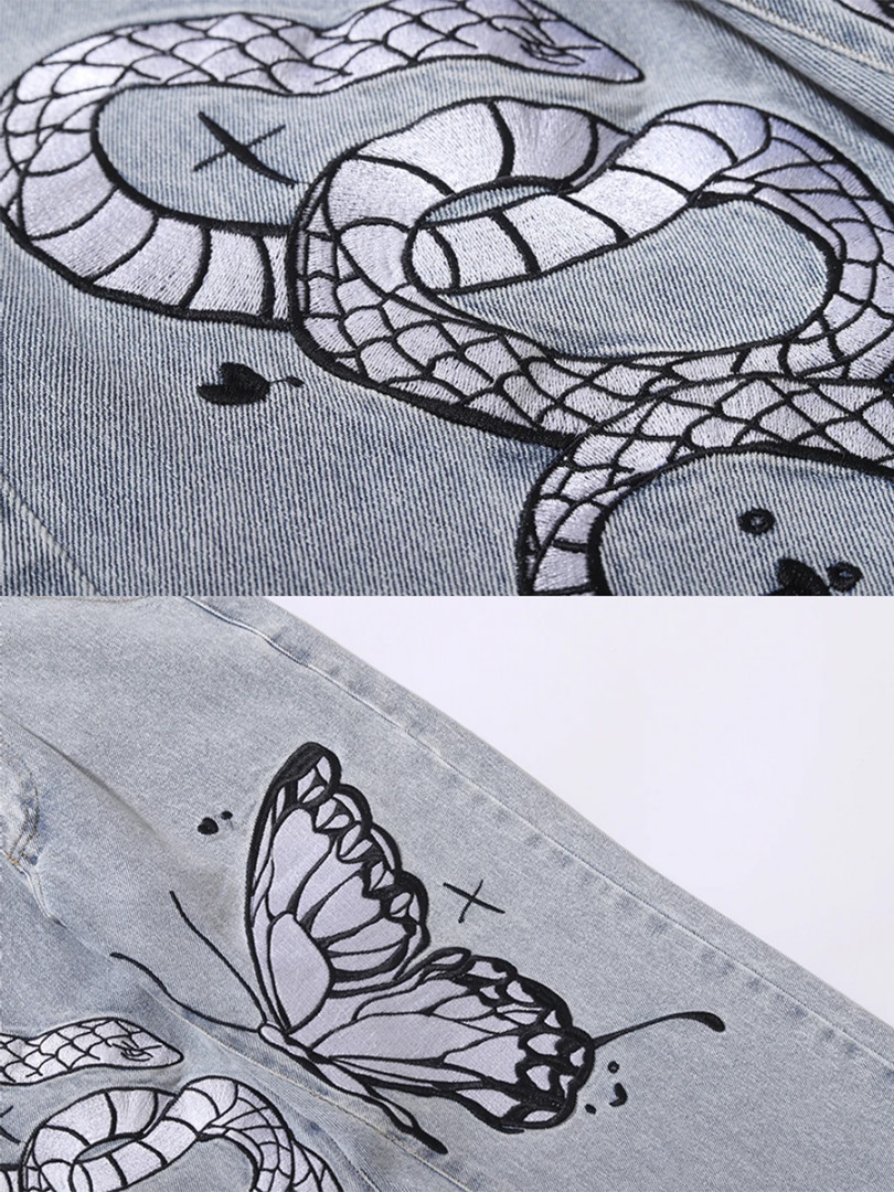 High Street Butterfly and Snake Embroidered Straight Jeans Men Ankle Zipper  Retro Pocket Loose Denim Trousers Hip Hop streetwear