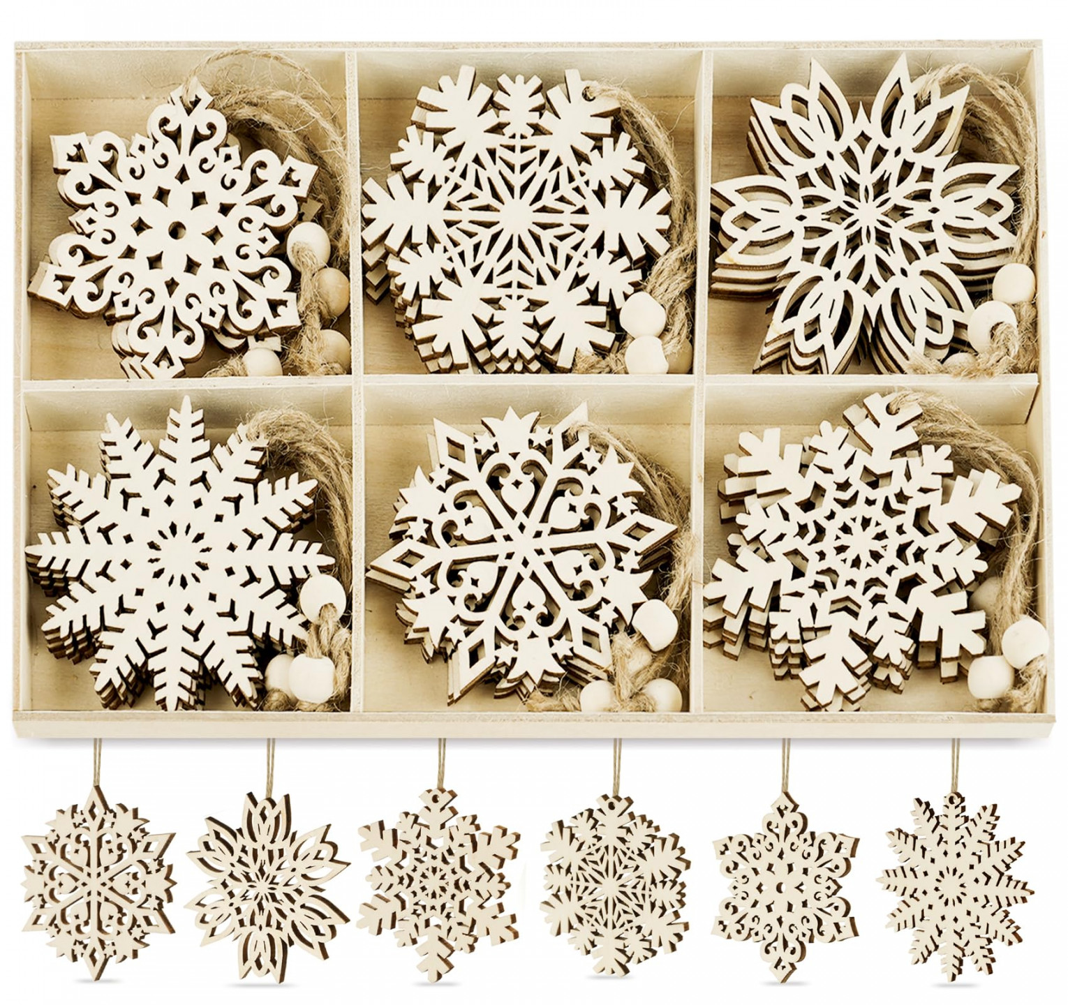 HOUISM Wooden Snowflake Ornaments,  Pieces Christmas Snowflake Ornaments  for Crafts, Uniform Wood Art for Painting, DIY Craft Drawing for Tree