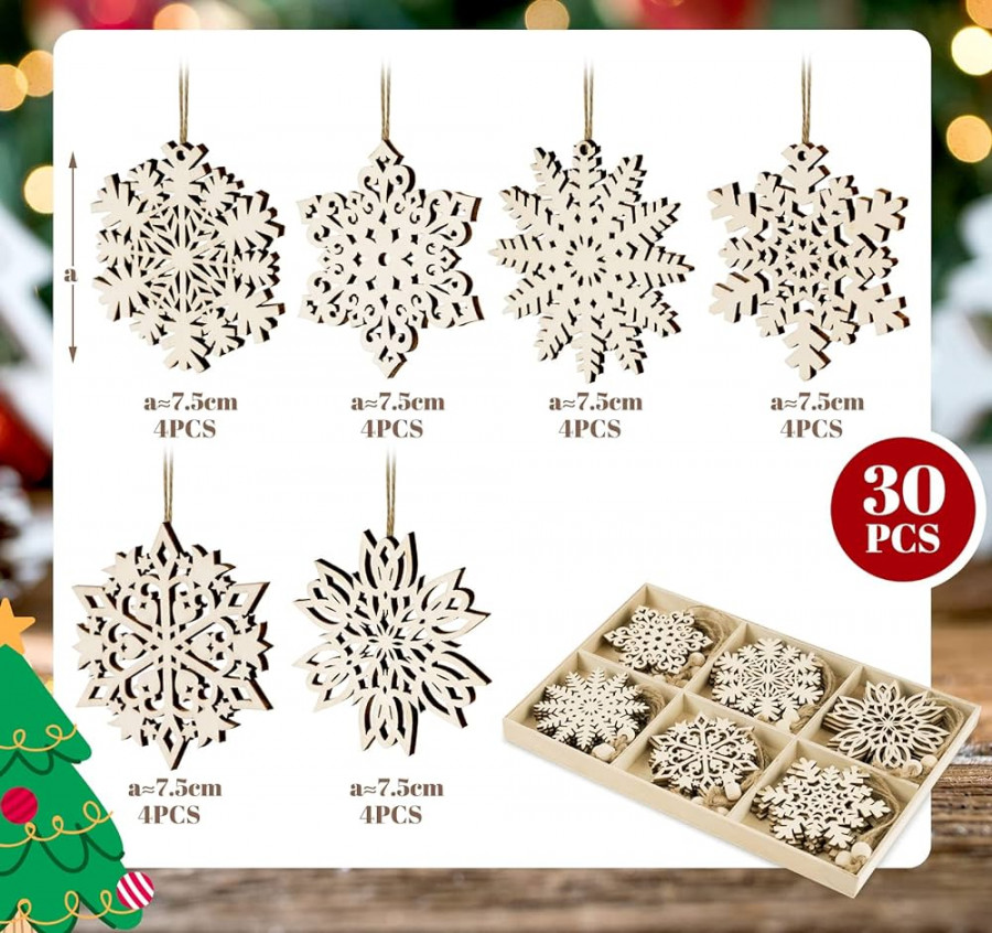 HOUISM Wooden Snowflake Ornaments,  Pieces Christmas Snowflake Ornaments  for Crafts, Uniform Wood Art for Painting, DIY Craft Drawing for Tree