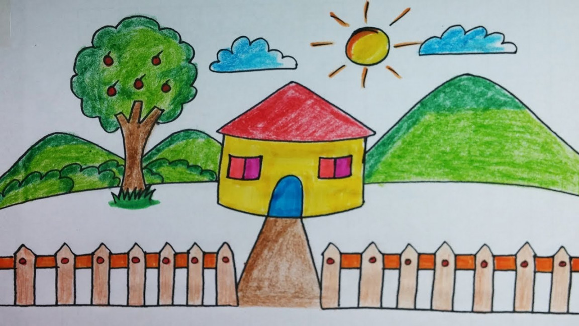 House easy drawing for kids class Simple house with nature drawing and  coloring