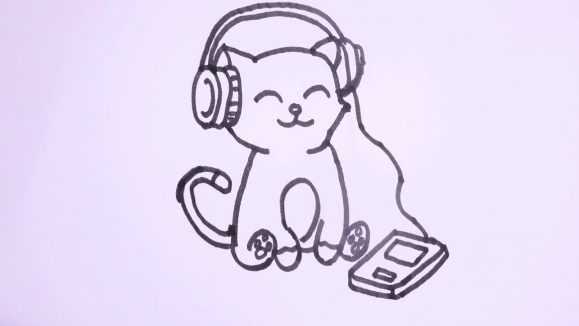 How to draw a cat listening to music