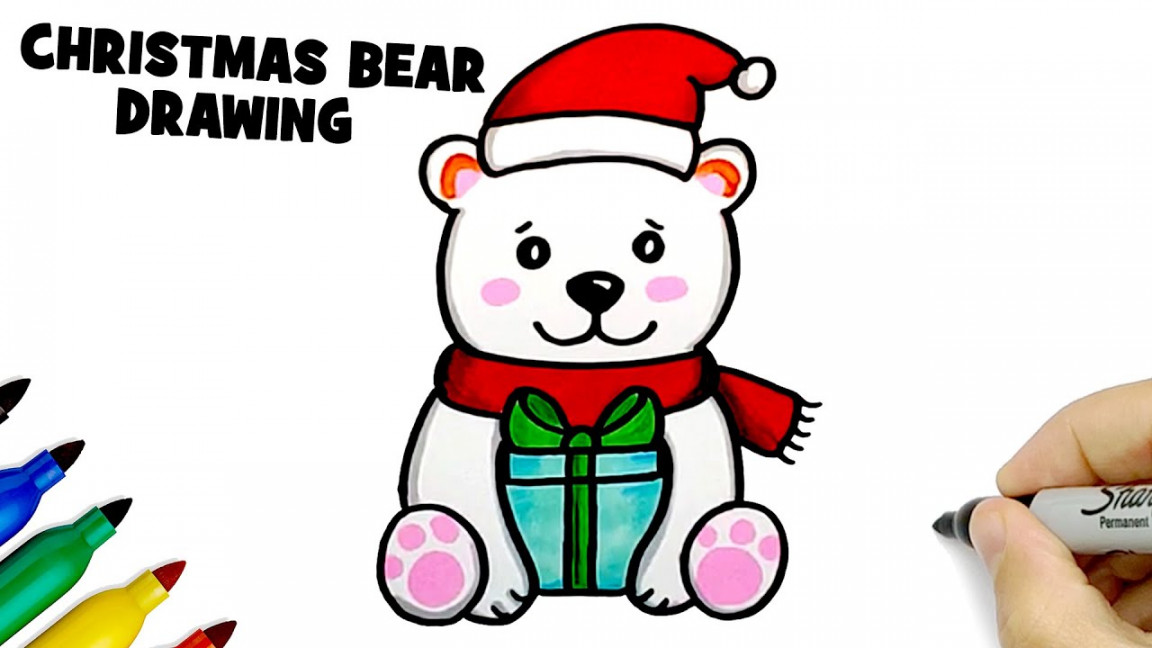 How to draw a Christmas Bear with a gift