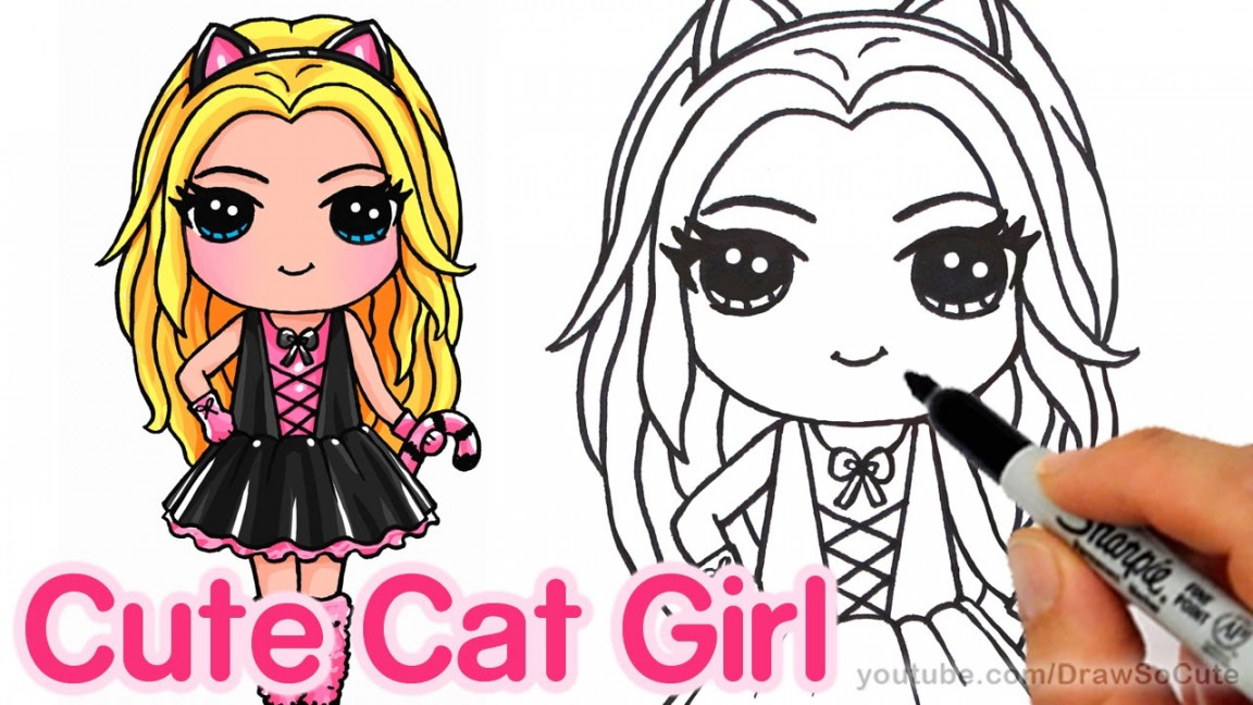 How to Draw a Cute Girl in Cat Costume step by step - Kitty Costume