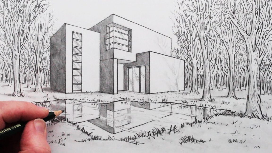 How to Draw a House in -Point Perspective with Reflection in Landscape