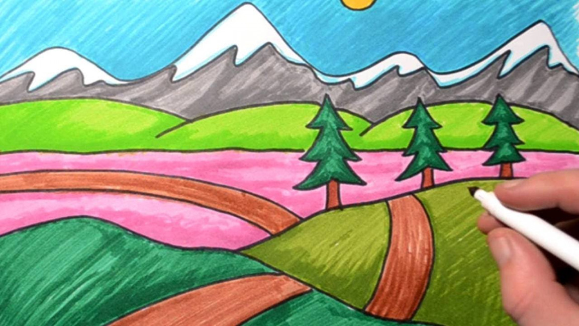 How to Draw a Landscape for Kids / Drawing For Beginners / Mountain Scenery